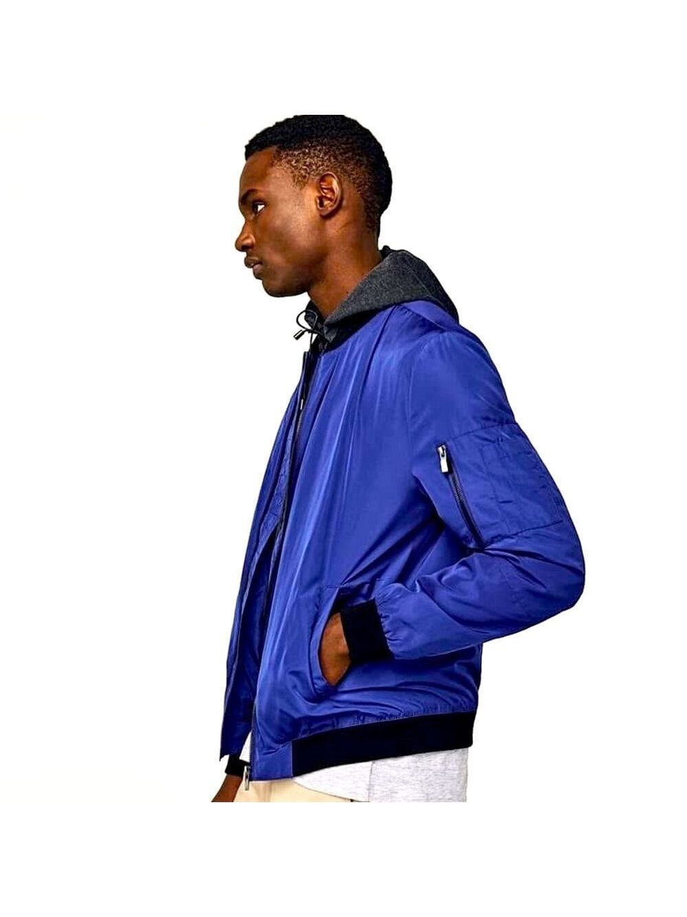 ZARA Man Bomber Layered Hooded Jacket Double Zip  Royal Blue, size M